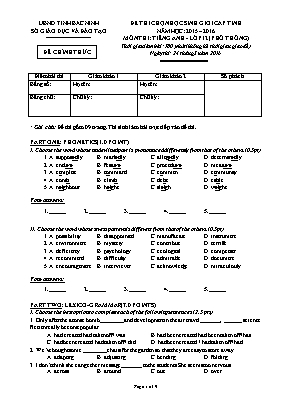 Đề thi học sinh giỏi Tiếng anh lớp 12 - Năm học 2015-2016 - Sở GD & ĐT Bắc Ninh
